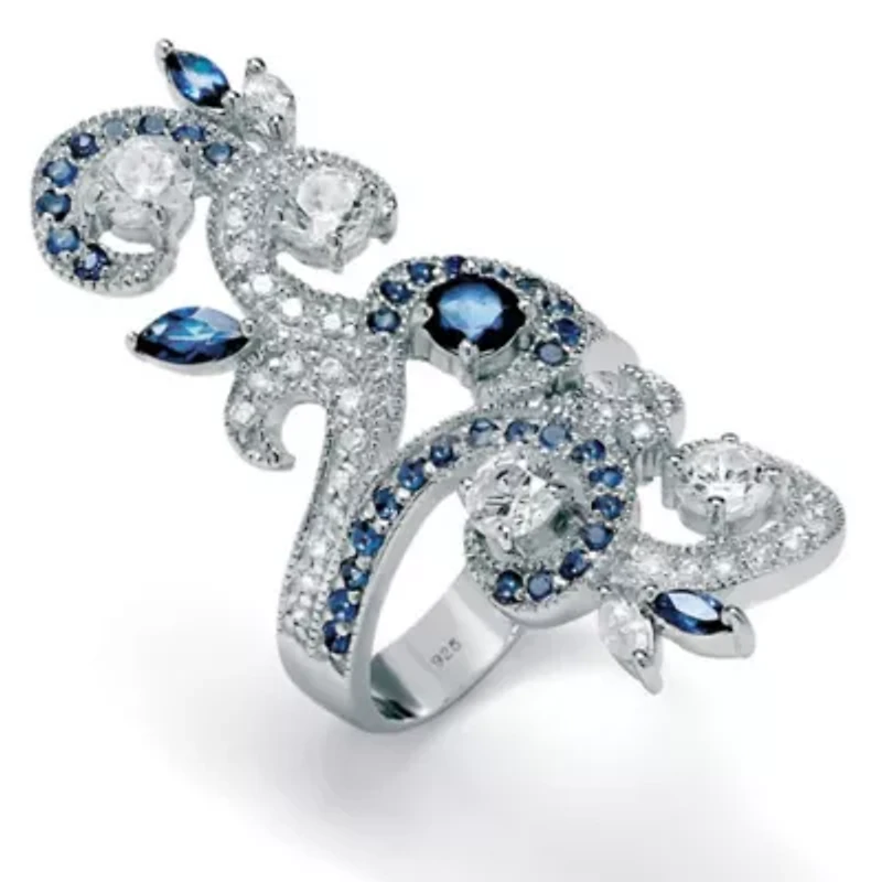 3.81 Cttw. Simulated Blue Sapphire and Cubic Zirconia .925 Silver Vine Ring