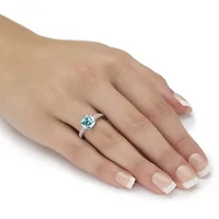 1.89 Ctw Cushion-Cut Blue and White Cubic Zirconia Sterling Silver Milgrain Ring