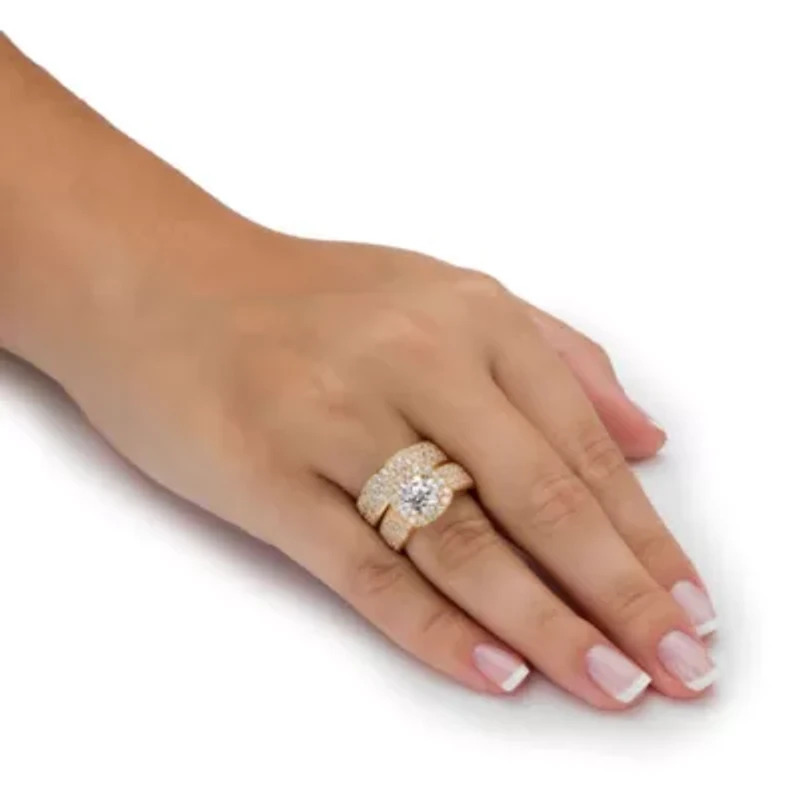 4.43 TCW Cubic Zirconia 14k Gold-plated Silver 2-Piece Halo Bridal Ring Set