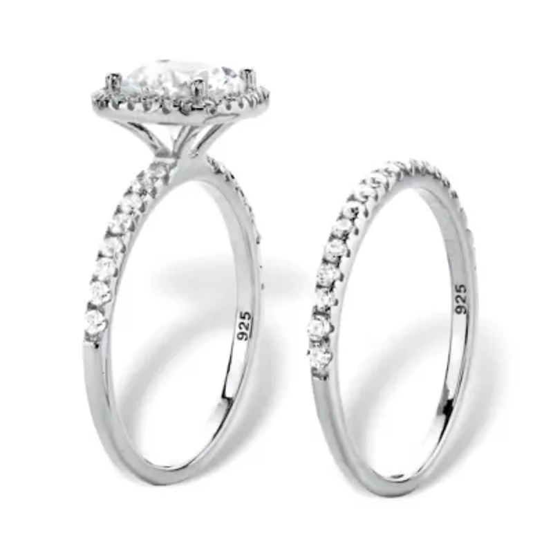 2.65 TCW Marquise Cubic Zirconia Platinum Plated .925 Silver 2-Pc. Halo Ring Set