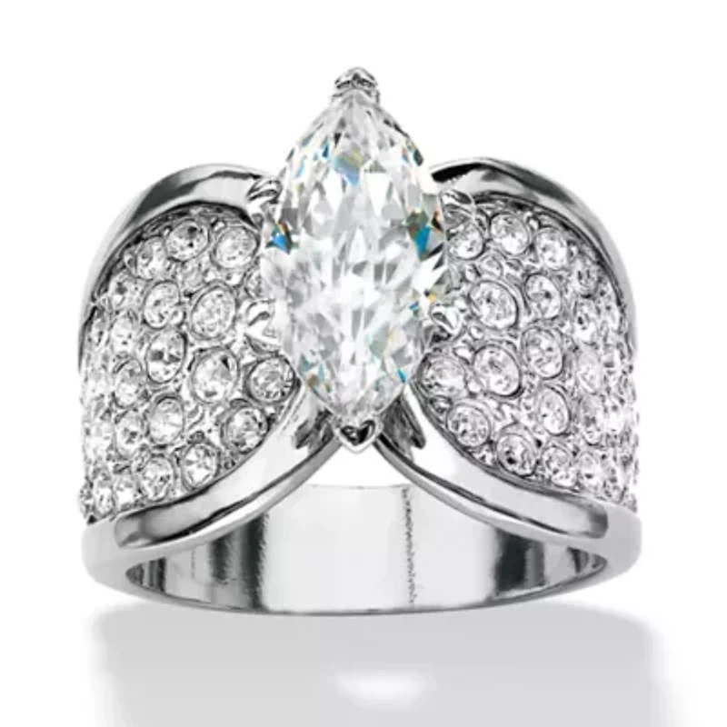 2.48 TCW Marquise-Cut Platinum-Plated Pave Cubic Zirconia Engagement Ring