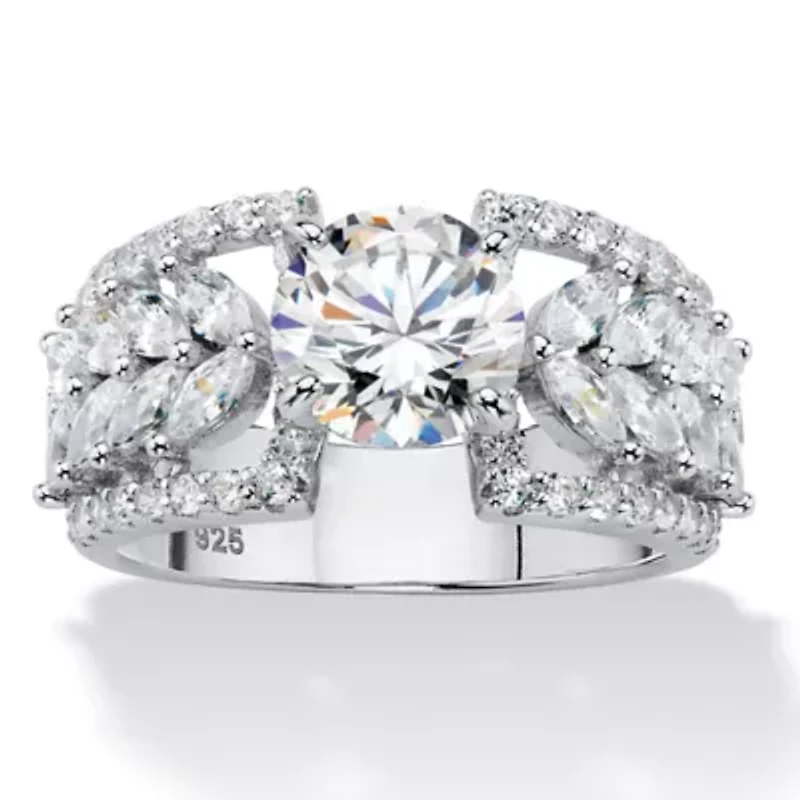 4.12 Cttw. Platinum-plated Sterling Silver Round Cubic Zirconia Leaf Ring