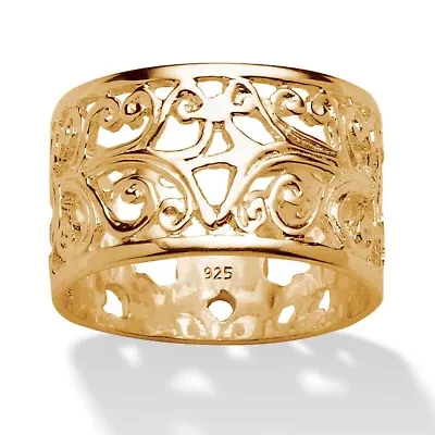 Filigree Gold-Plated Sterling Silver Ornate Scroll Design Ring Band