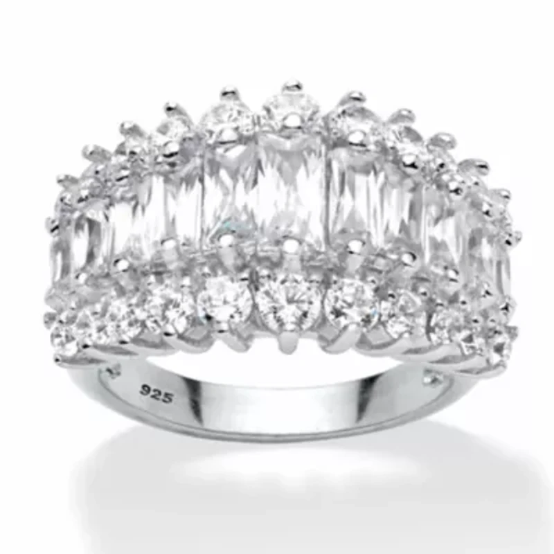 4.38 Cttw. Emerald-Cut Cubic Zirconia Platinum-plated Silver Engagement Ring