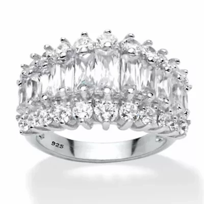 4.38 Cttw. Emerald-Cut Cubic Zirconia Platinum-plated Silver Engagement Ring