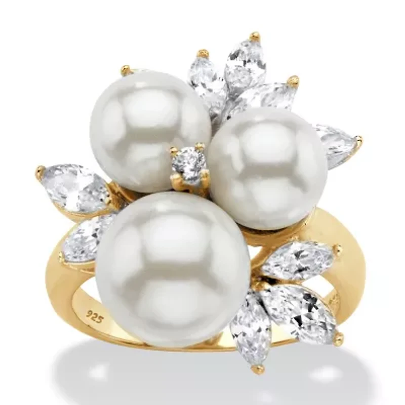 1.84 Cttw. Round 14k Gold-plated Silver Simulated Pearl and CZ Cluster Ring