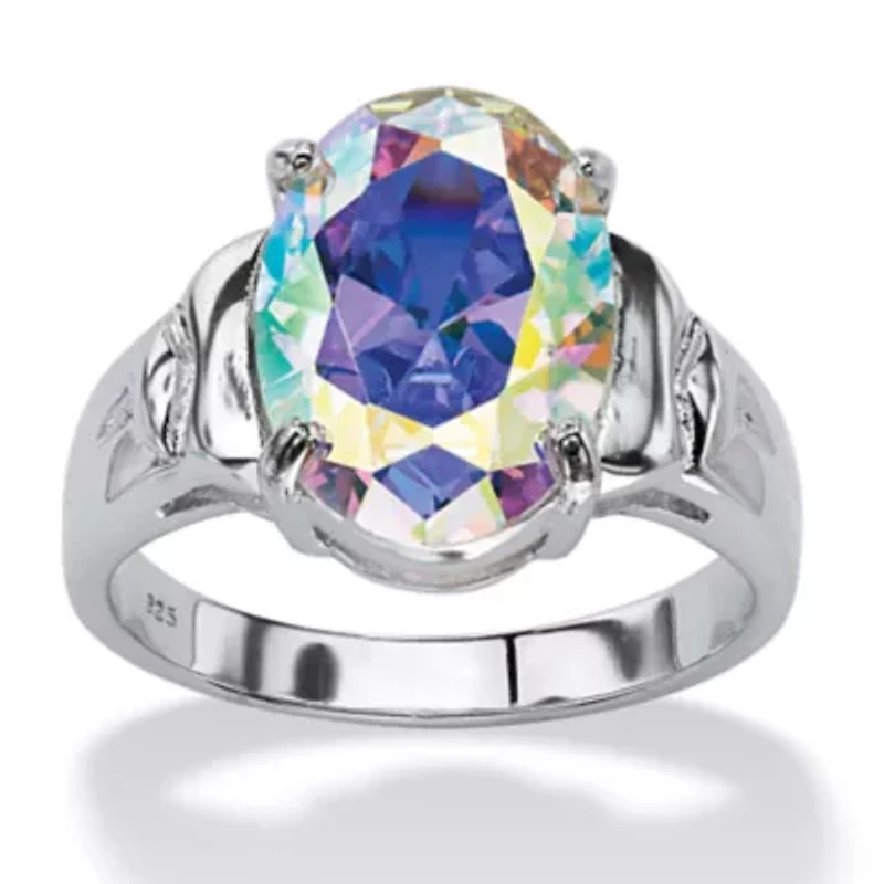 5.81 TCW Oval-Cut Aurora Borealis Cubic Zirconia Ring .925 Sterling Silver