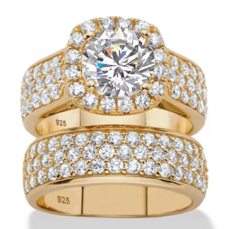 4.43 TCW Cubic Zirconia 14k Gold-plated Silver 2-Piece Halo Bridal Ring Set