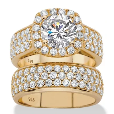 4.43 TCW Cubic Zirconia 14k Gold-plated Silver 2-Piece Halo Bridal Ring Set