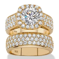 4.43 TCW Cubic Zirconia 14k Gold-plated Silver 2-Piece Halo Bridal Ring Set