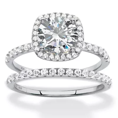 2.65 TCW Marquise Cubic Zirconia Platinum Plated .925 Silver 2-Pc. Halo Ring Set