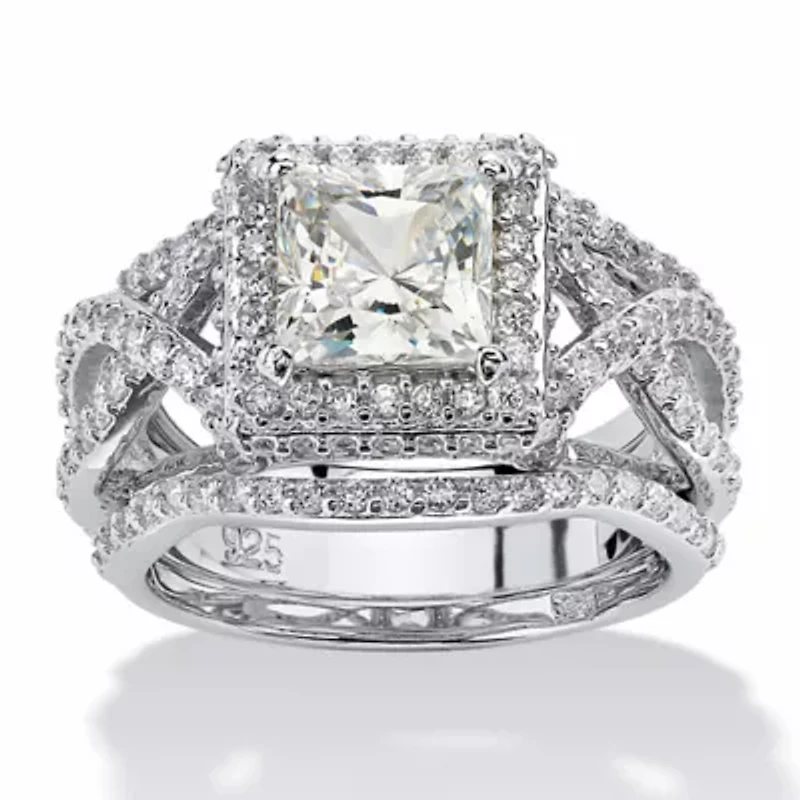 2.82 TCW CZ Platinum-plated Silver 3-Piece Crossover Halo Bridal Ring Set