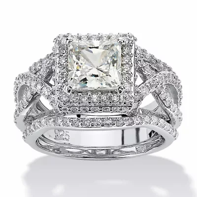 2.82 TCW CZ Platinum-plated Silver 3-Piece Crossover Halo Bridal Ring Set