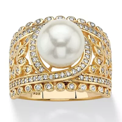 .65 Cttw. 14k Gold-plated Sterling Silver Simulated Pearl and CZ Floral Ring