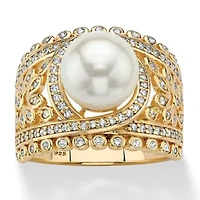 .65 Cttw. 14k Gold-plated Sterling Silver Simulated Pearl and CZ Floral Ring