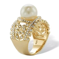 .65 Cttw. 14k Gold-plated Sterling Silver Simulated Pearl and CZ Floral Ring