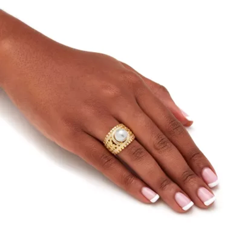 .65 Cttw. 14k Gold-plated Sterling Silver Simulated Pearl and CZ Floral Ring