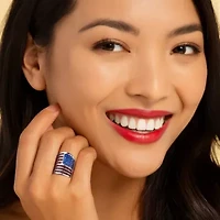 2.08 Cttw. Simulated Red Ruby Silvertone Patriotic American Flag Wide Band Ring
