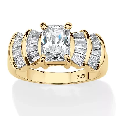 3.10 Cttw. Emerald Cut Cubic Zirconia 18K Gold Plated Silver Engagement Ring