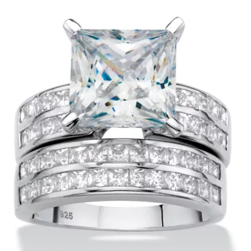5.15 Cttw. Princess-Cut Platinum-plated Silver Cubic Zirconia Wedding Ring Set