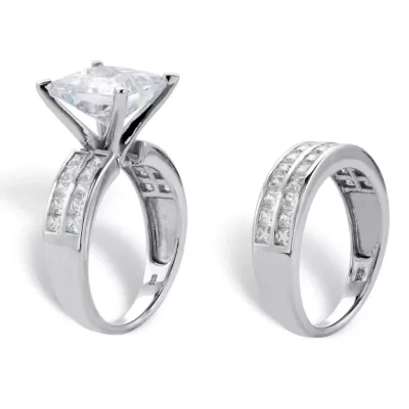 5.15 Cttw. Princess-Cut Platinum-plated Silver Cubic Zirconia Wedding Ring Set