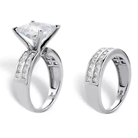 5.15 Cttw. Princess-Cut Platinum-plated Silver Cubic Zirconia Wedding Ring Set