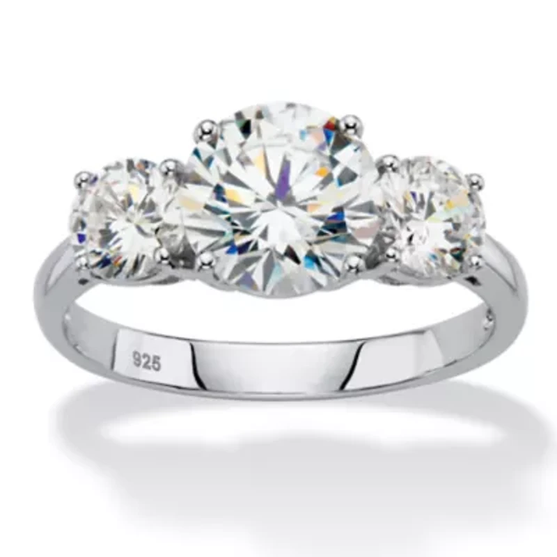 3 TCW Cubic Zirconia Platinum-plated Silver 3-Stone Bridal Engagement Ring