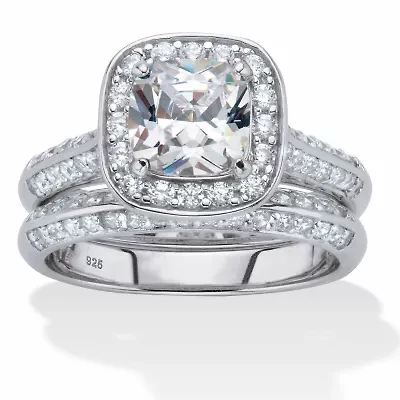 2.08 TCW Cubic Zirconia Platinum-plated Silver 2-Piece Halo Bridal Ring Set