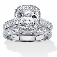 2.08 TCW Cubic Zirconia Platinum-plated Silver 2-Piece Halo Bridal Ring Set