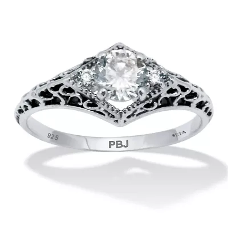 .75 TCW Round Cubic Zirconia Antiqued Sterling Silver Filigree Ring