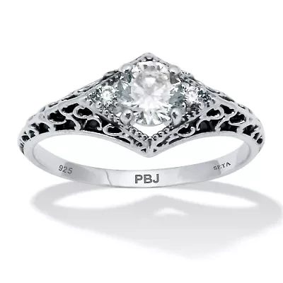 .75 TCW Round Cubic Zirconia Antiqued Sterling Silver Filigree Ring