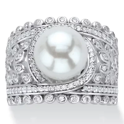 .65 Cttw. Platinum-plated Sterling Silver Simulated Pearl and CZ Floral Ring