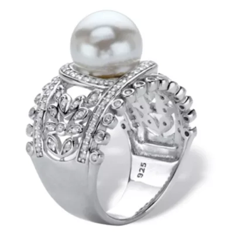 .65 Cttw. Platinum-plated Sterling Silver Simulated Pearl and CZ Floral Ring
