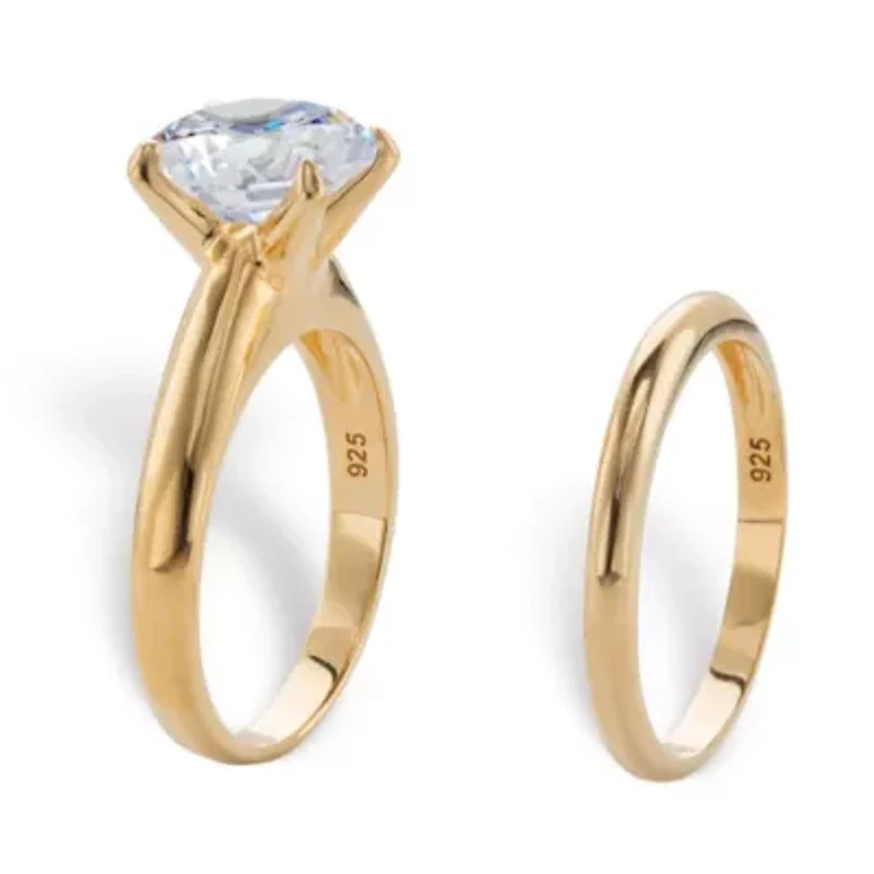 3 Cttw Round Cubic Zirconia 14k Gold-plated Silver Solitaire Wedding Ring Set