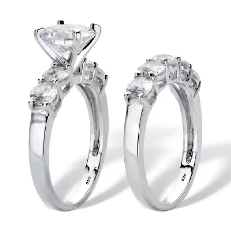 4.25 Cttw. Round Cubic Zirconia Platinum-plated Silver 2-Piece Bridal Ring Set