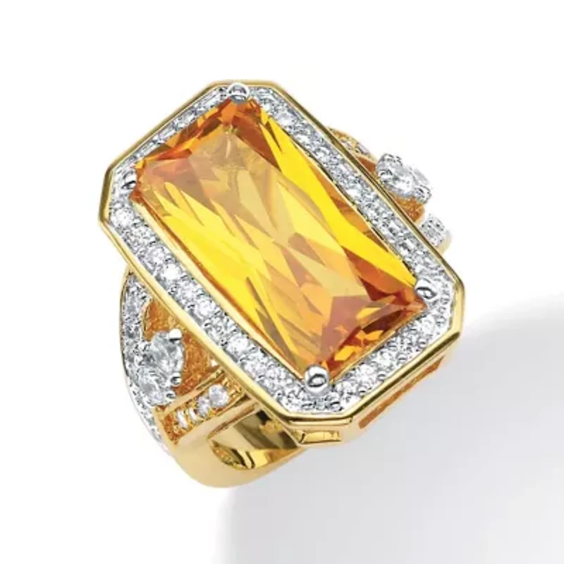 19.52 TCW Emerald-Cut Yellow CZ Halo Cocktail Ring Gold-Plated