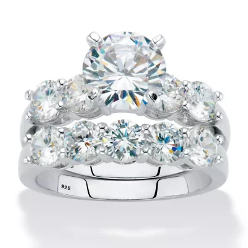 4.25 Cttw. Round Cubic Zirconia Platinum-plated Silver 2-Piece Bridal Ring Set