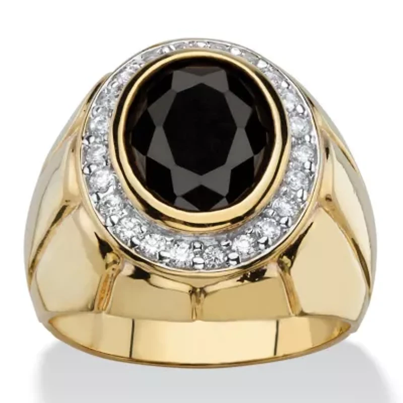 Men's 4.18 TCW Black Oval Cubic Zirconia Gold-Plated Faceted Halo Ring