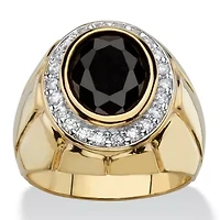 Men's 4.18 TCW Black Oval Cubic Zirconia Gold-Plated Faceted Halo Ring