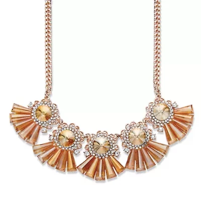 Round and Baguette-Cut Champagne Crystal Rose Goldtone Fringe Necklace 18"-20"