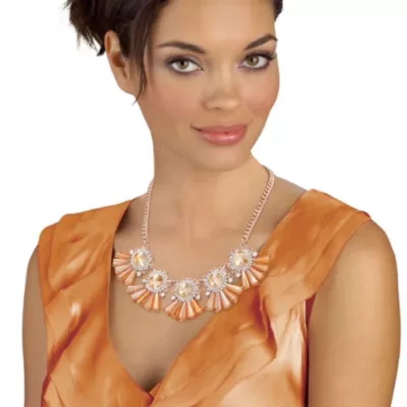 Round and Baguette-Cut Champagne Crystal Rose Goldtone Fringe Necklace 18"-20"