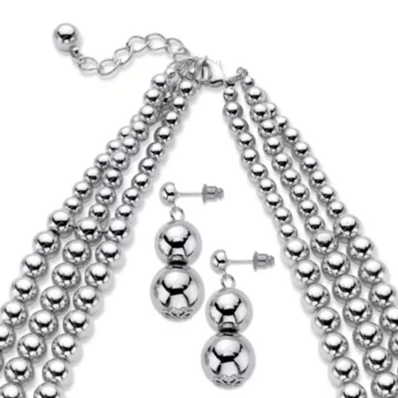 Beaded Silvertone Triple-Strand Necklace, Earring and Bracelet Set 16.5" - 19.5"