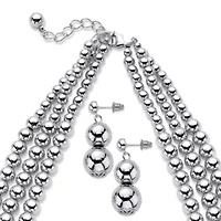 Beaded Silvertone Triple-Strand Necklace, Earring and Bracelet Set 16.5" - 19.5"