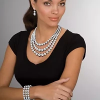 Beaded Silvertone Triple-Strand Necklace, Earring and Bracelet Set 16.5" - 19.5"