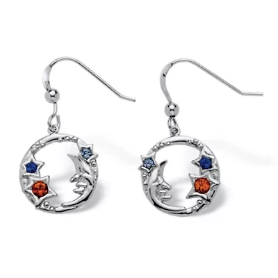 Round Crystal .925 Sterling Silver Antique-Finish Moon and Stars Drop Earrings