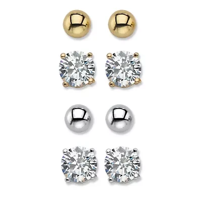 8 Cttw. Round White CZ & Ball Goldtone & Silvertone 4-Pair Stud Earring Set