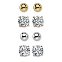 8 Cttw. Round White CZ & Ball Goldtone & Silvertone 4-Pair Stud Earring Set
