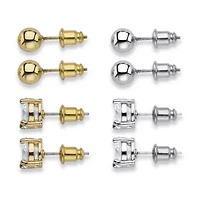 8 Cttw. Round White CZ & Ball Goldtone & Silvertone 4-Pair Stud Earring Set