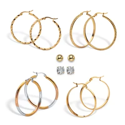 4 Cttw. 6-Pair CZ Stud & Hoop Set Goldtone & Gold Ion Plated Stainless Steel