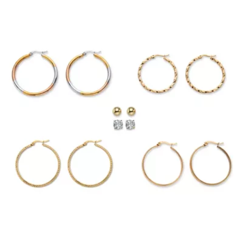 4 Cttw. 6-Pair CZ Stud & Hoop Set Goldtone & Gold Ion Plated Stainless Steel